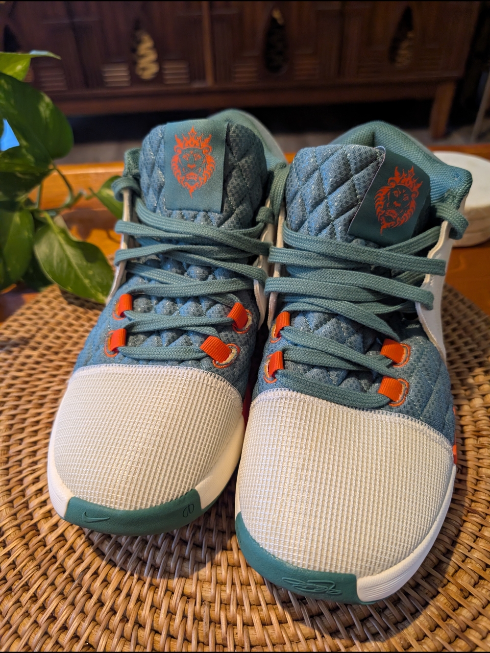 LeBron Quilted Teal and White Sneakers with Orange Accent Lacing